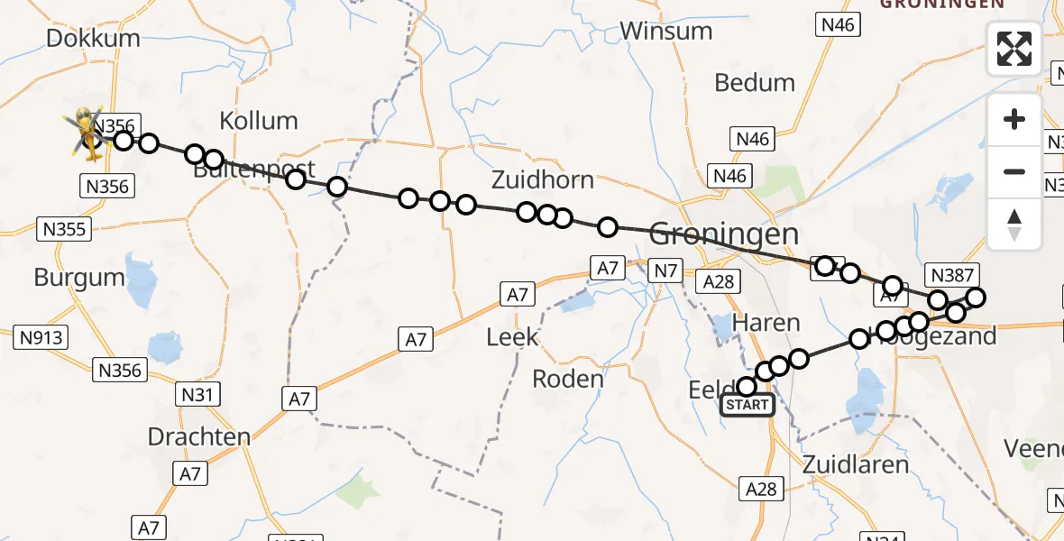 Vluchtroute Traumahelikopter Groningen Airport Eelde - Broeksterwâld, 21 december 2023, 20:13