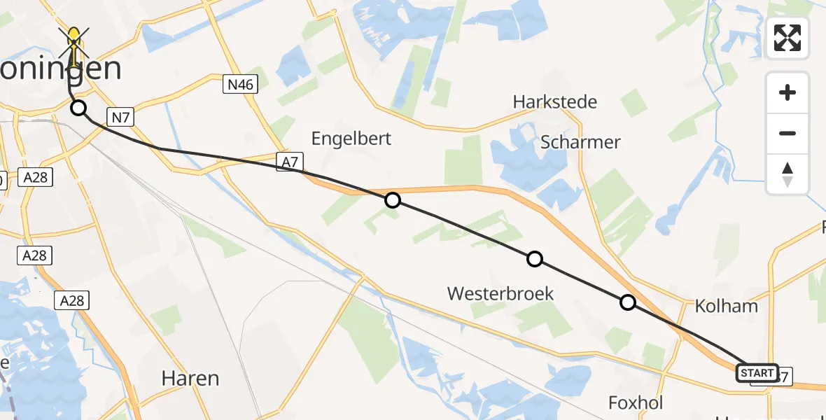 Routekaart van de vlucht: Lifeliner 4 naar Universitair Medisch Centrum Groningen