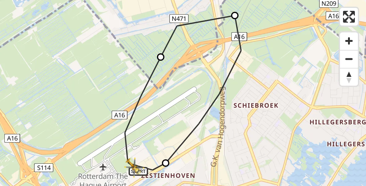 Vluchtroute Traumahelikopter Rotterdam The Hague Airport - Rotterdam The Hague Airport, 22 december 2023, 00:01