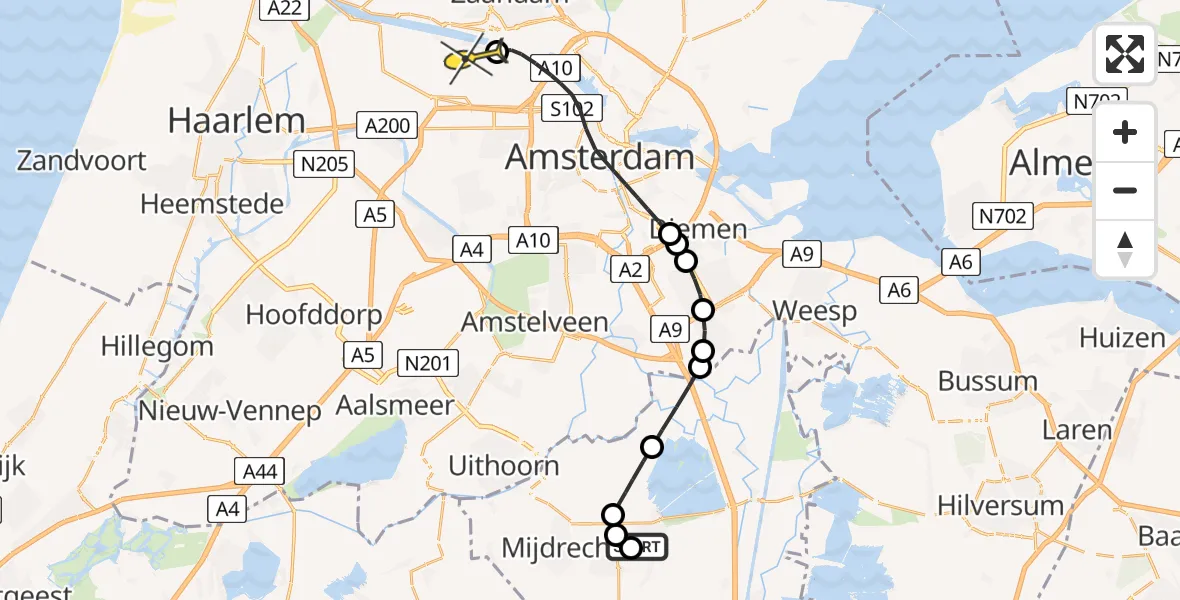 Routekaart van de vlucht: Lifeliner 1 naar Amsterdam Heliport