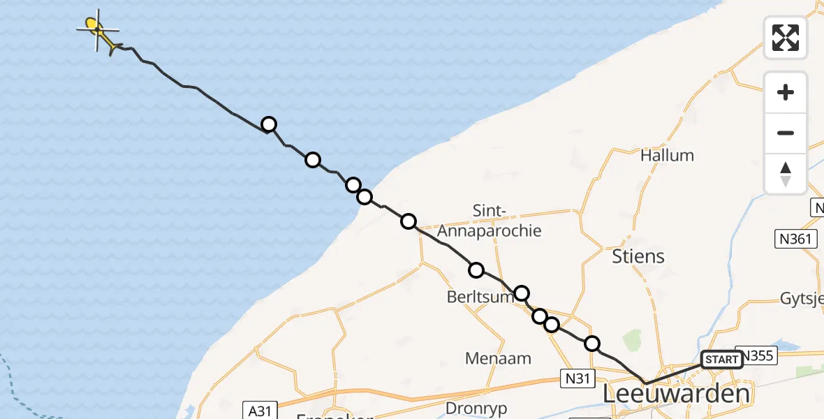 Routekaart van de vlucht: Ambulanceheli naar Oosterend