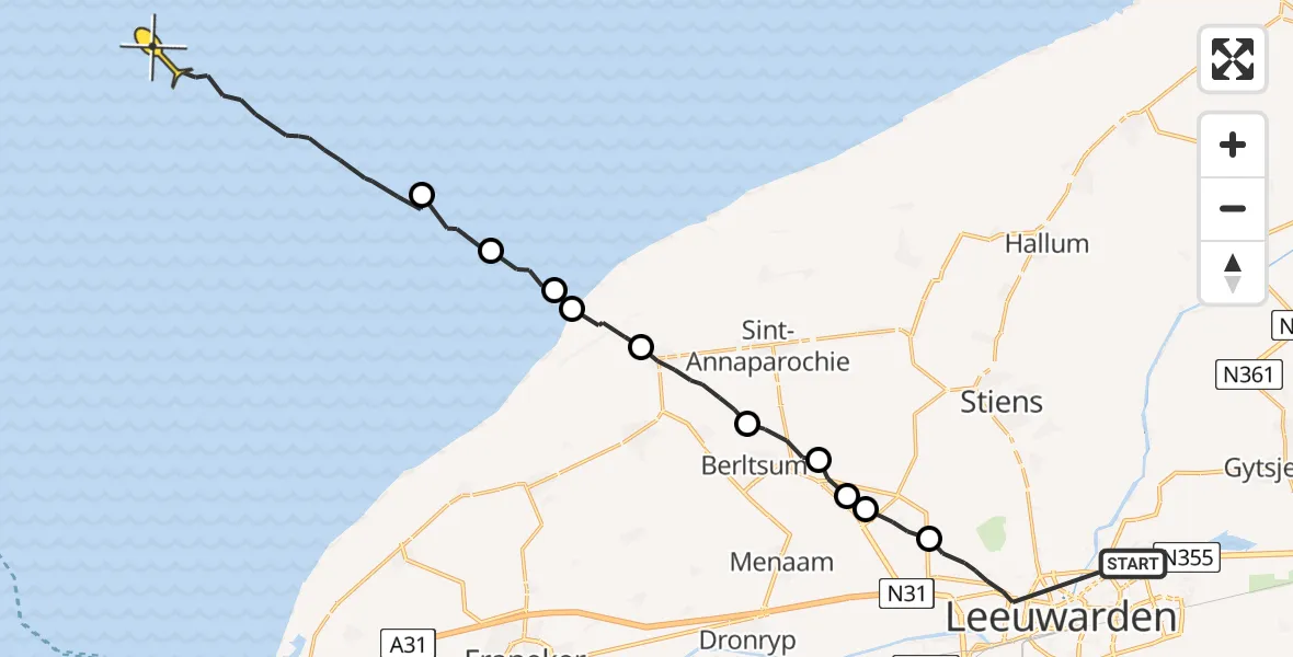 Routekaart van de vlucht: Ambulancehelikopter naar Oosterend
