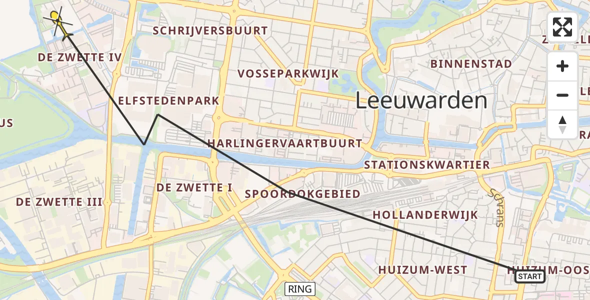 Vluchtroute Ambulancehelikopter van Leeuwarden naar Leeuwarden