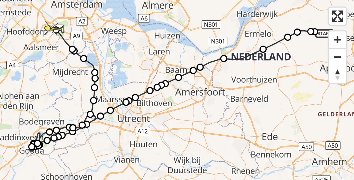 Routekaart van de vlucht: Politieheli naar Schiphol