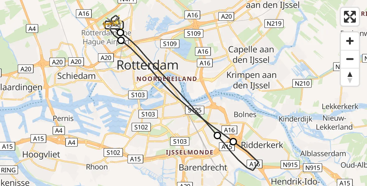 Vluchtroute Traumahelikopter Rotterdam The Hague Airport - Rotterdam The Hague Airport, 22 december 2023, 23:23