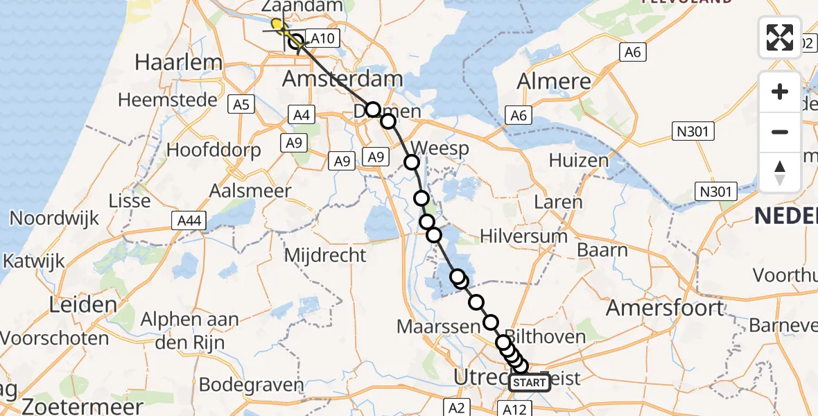 Routekaart van de vlucht: Lifeliner 1 naar Amsterdam Heliport