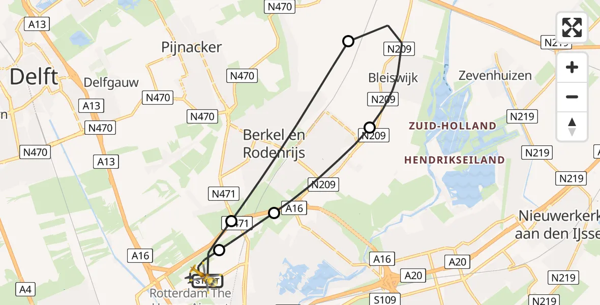 Vluchtroute Traumahelikopter Rotterdam The Hague Airport - Rotterdam The Hague Airport, 23 december 2023, 23:22
