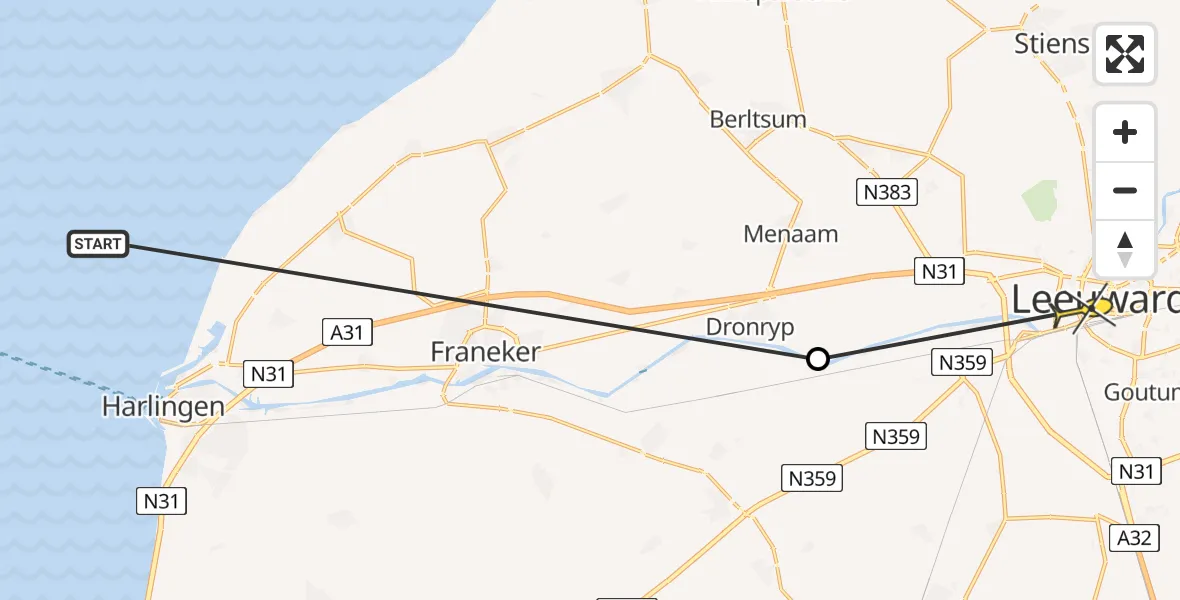 Routekaart van de vlucht: Ambulanceheli naar Leeuwarden