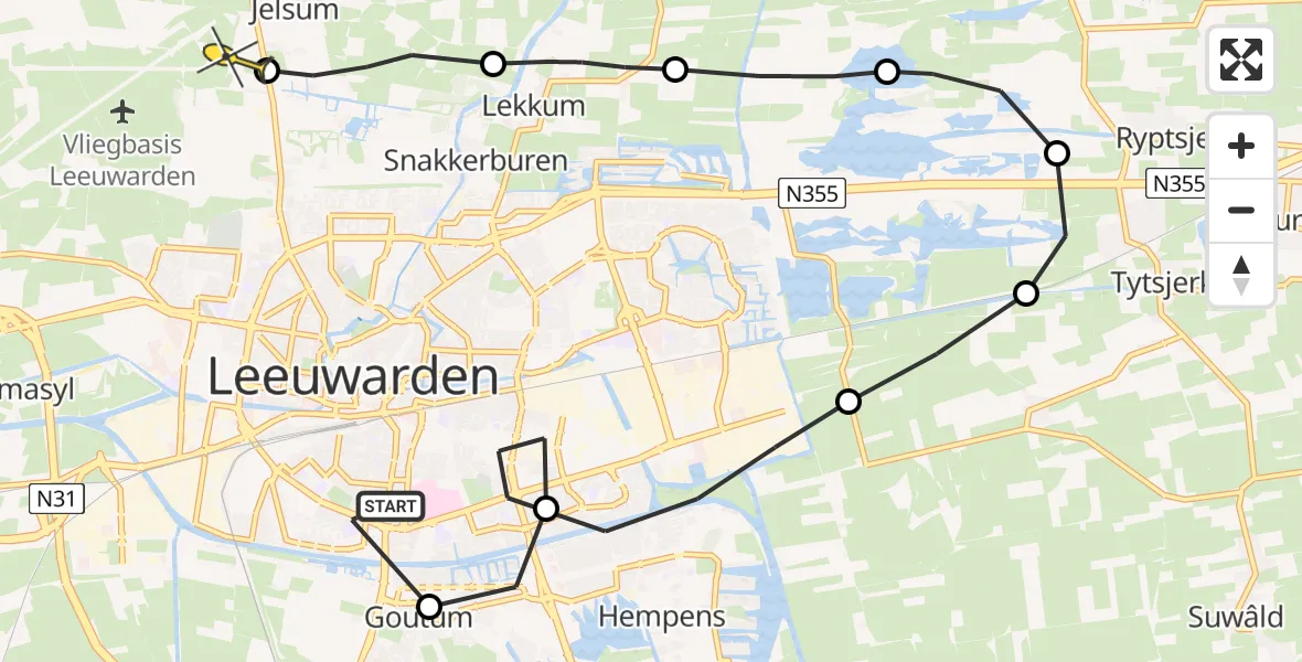 Vluchtroute Ambulancehelikopter van Leeuwarden naar Vliegbasis Leeuwarden