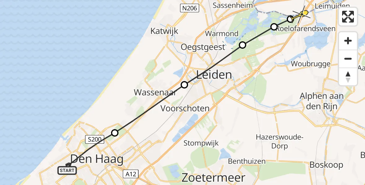 Routekaart van de vlucht: Politiehelikopter naar Nieuwe Wetering