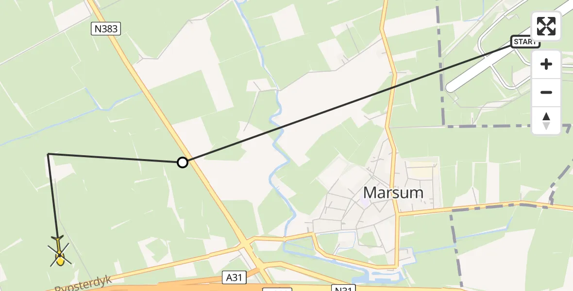 Vluchtroute Ambulancehelikopter van Vliegbasis Leeuwarden naar Marsum