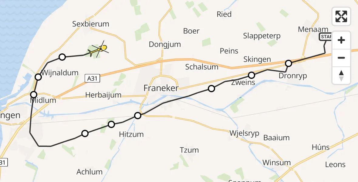 Routekaart van de vlucht: Ambulanceheli naar Sexbierum