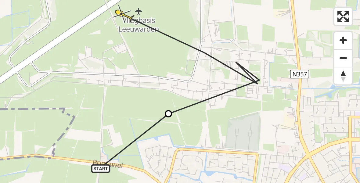 Vluchtroute Ambulancehelikopter van Leeuwarden naar Vliegbasis Leeuwarden