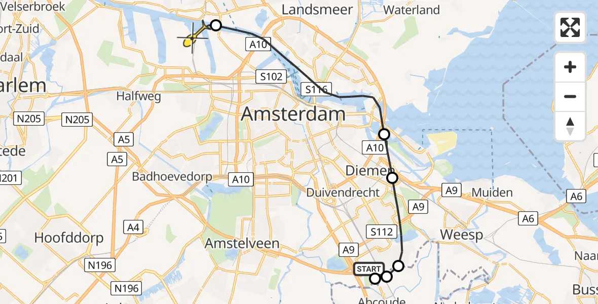 Routekaart van de vlucht: Lifeliner 1 naar Amsterdam Heliport