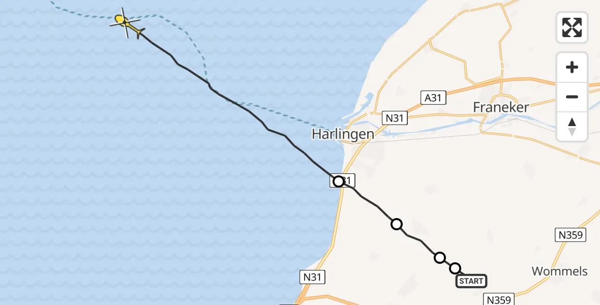 Routekaart van de vlucht: Ambulanceheli naar Harlingen
