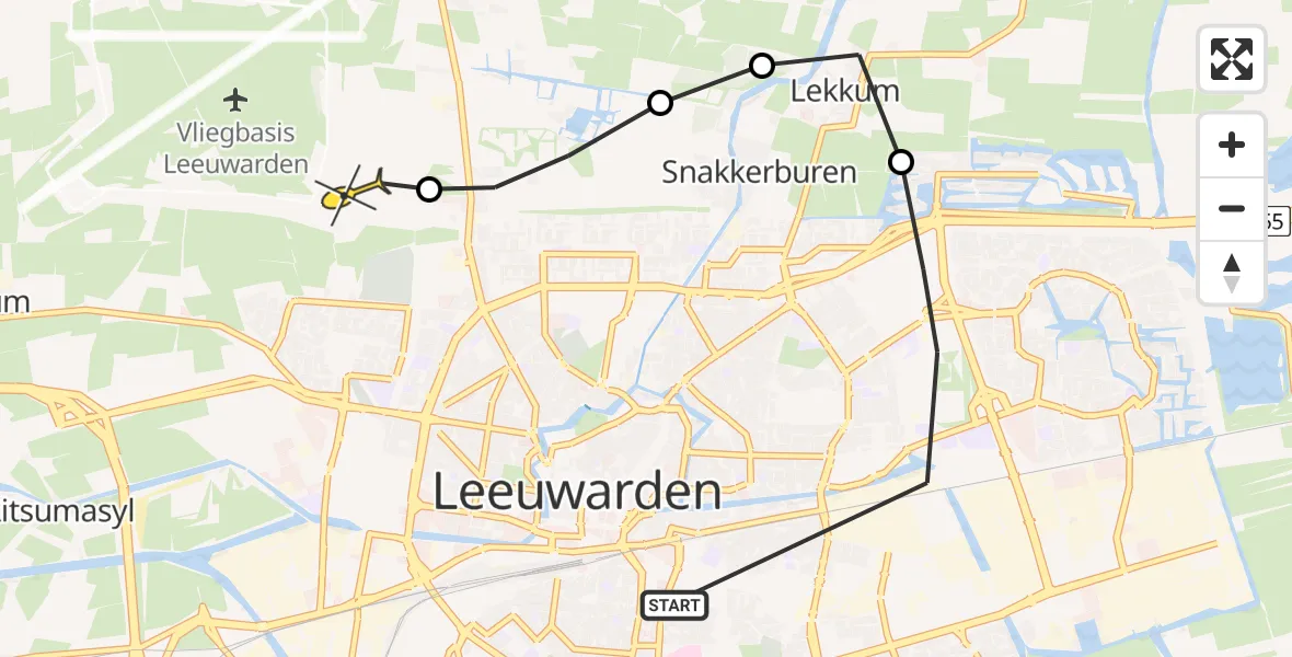 Vluchtroute Ambulancehelikopter van Leeuwarden naar Vliegbasis Leeuwarden
