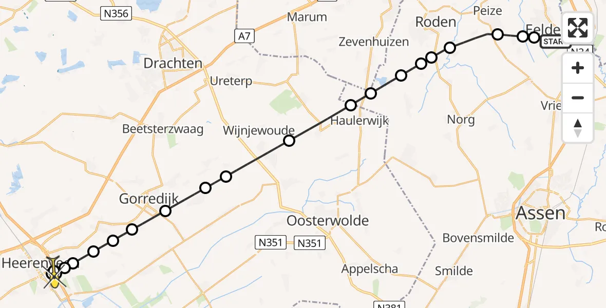 Routekaart van de vlucht: Lifeliner 4 naar Oranjewoud