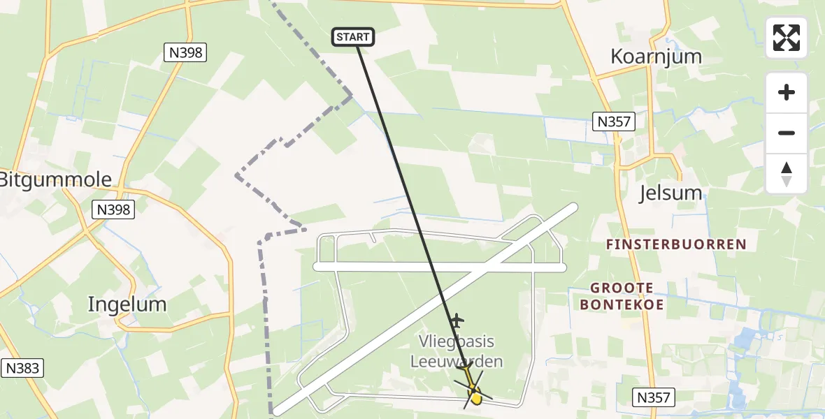 Routekaart van de vlucht: Ambulancehelikopter naar Vliegbasis Leeuwarden
