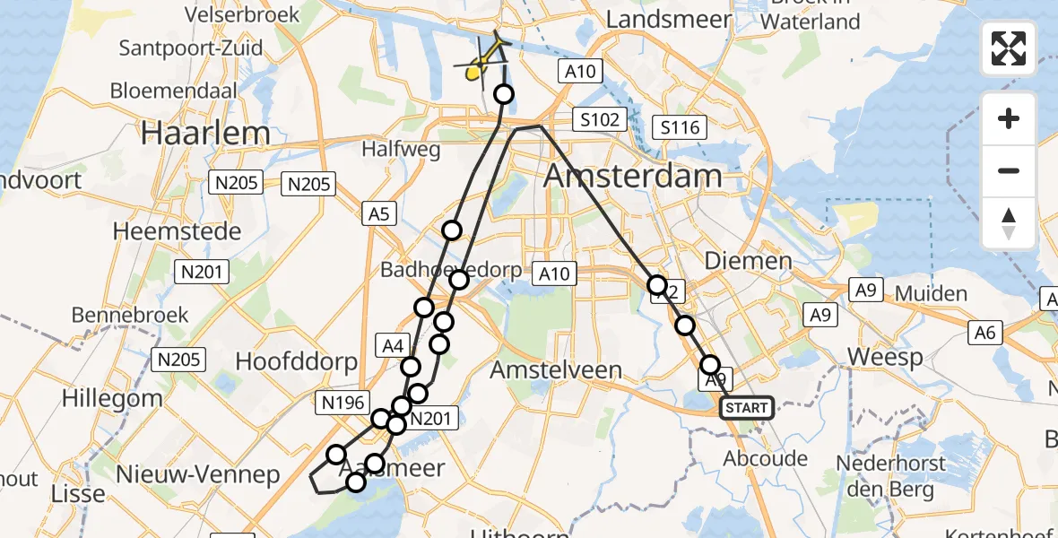 Routekaart van de vlucht: Lifeliner 1 naar Amsterdam Heliport