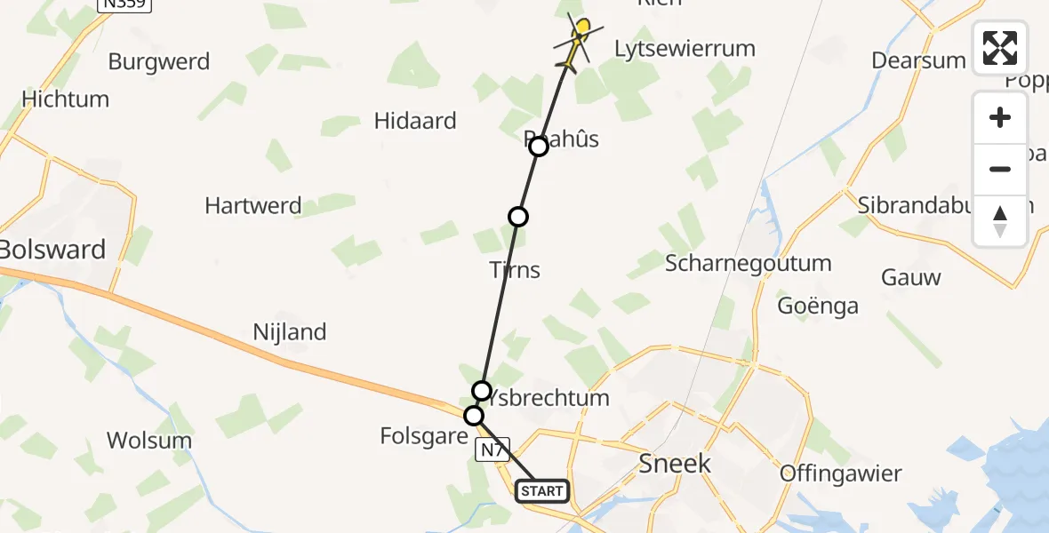 Routekaart van de vlucht: Ambulancehelikopter naar Easterein