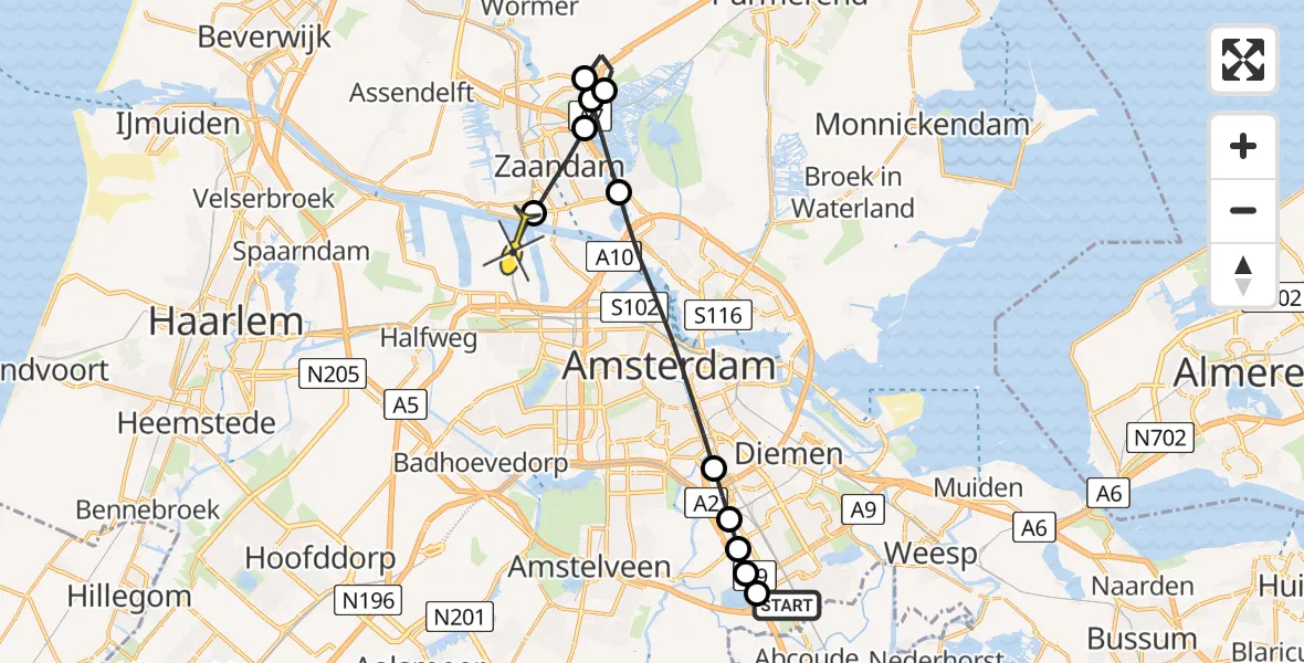 Routekaart van de vlucht: Lifeliner 1 naar Amsterdam Heliport