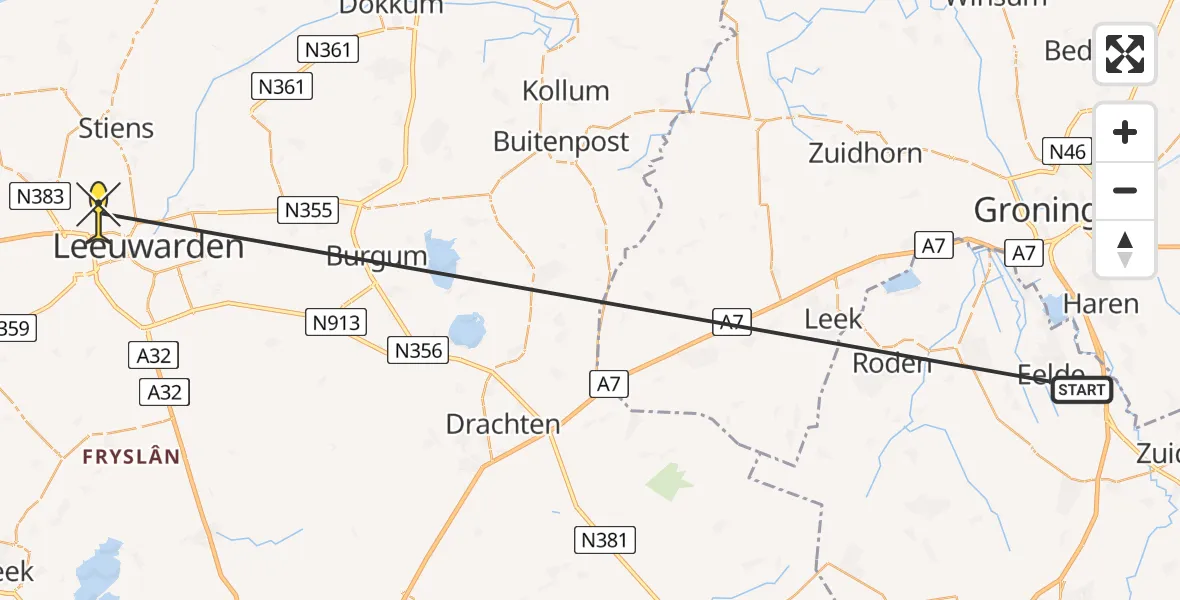 Routekaart van de vlucht: Traumaheli naar Vliegbasis Leeuwarden