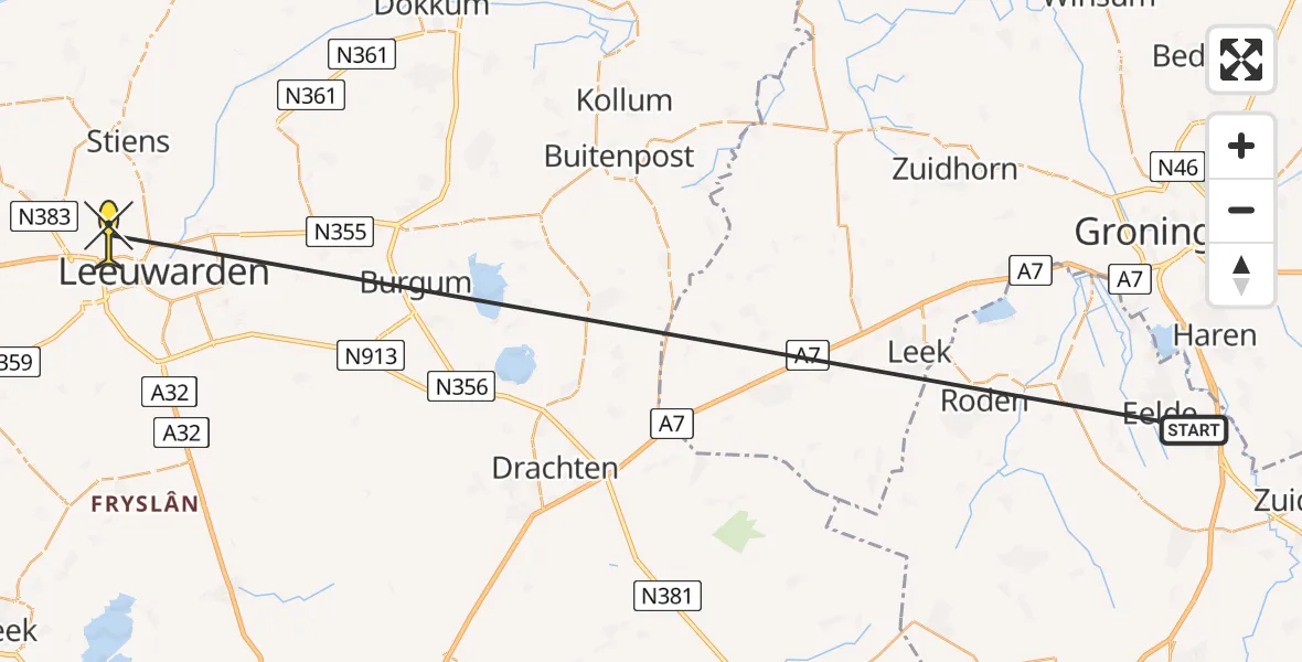 Routekaart van de vlucht: Traumahelikopter naar Vliegbasis Leeuwarden