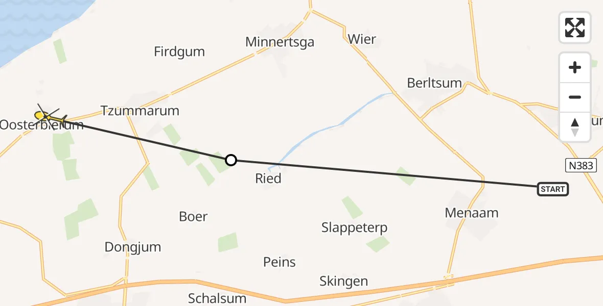 Routekaart van de vlucht: Ambulanceheli naar Oosterbierum