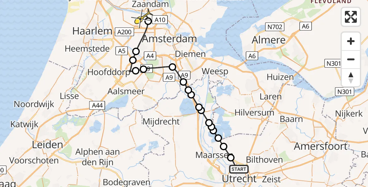 Routekaart van de vlucht: Lifeliner 1 naar Amsterdam Heliport