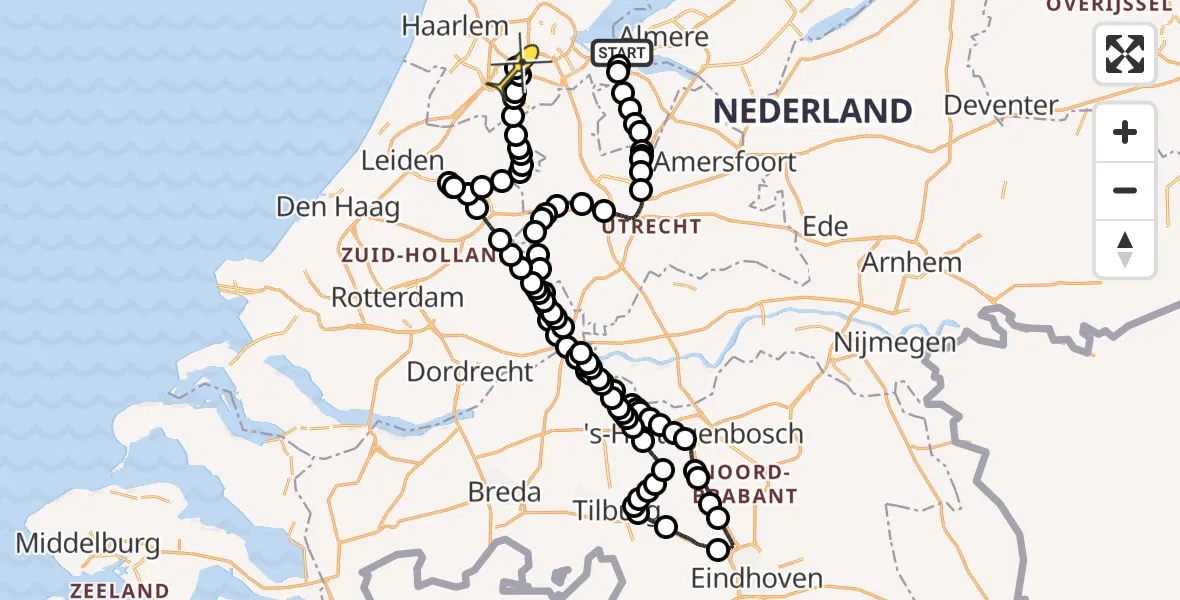 Routekaart van de vlucht: Politieheli naar Schiphol