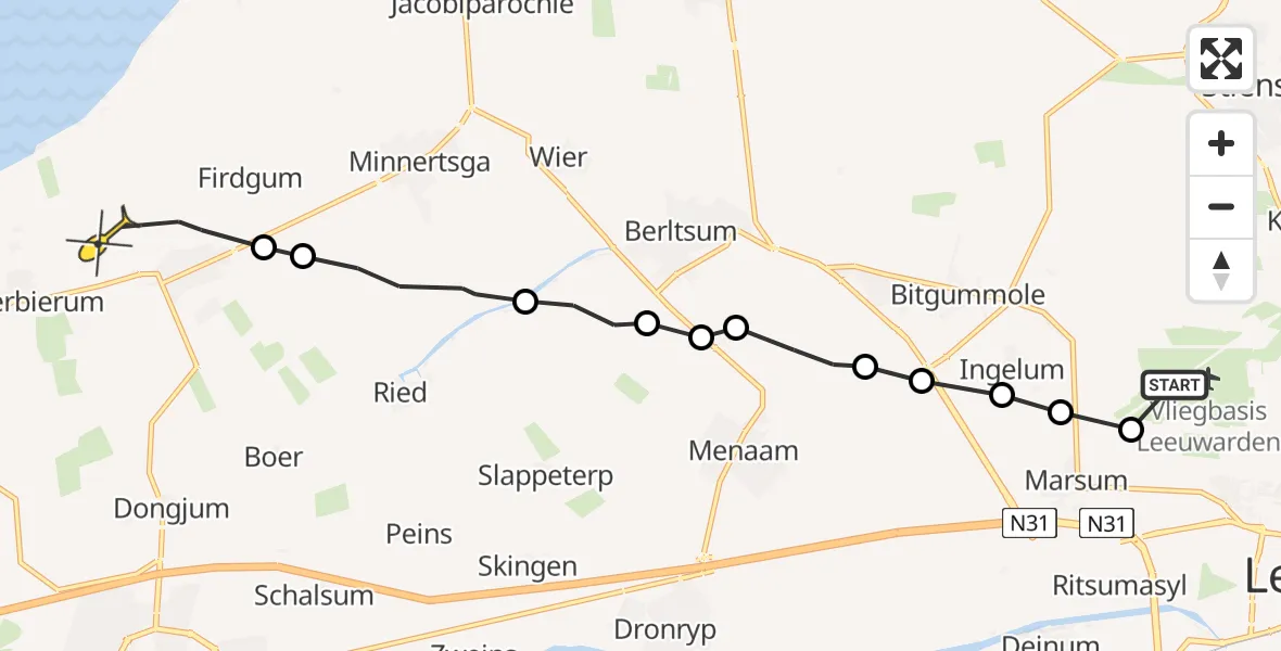 Routekaart van de vlucht: Ambulanceheli naar Tzummarum