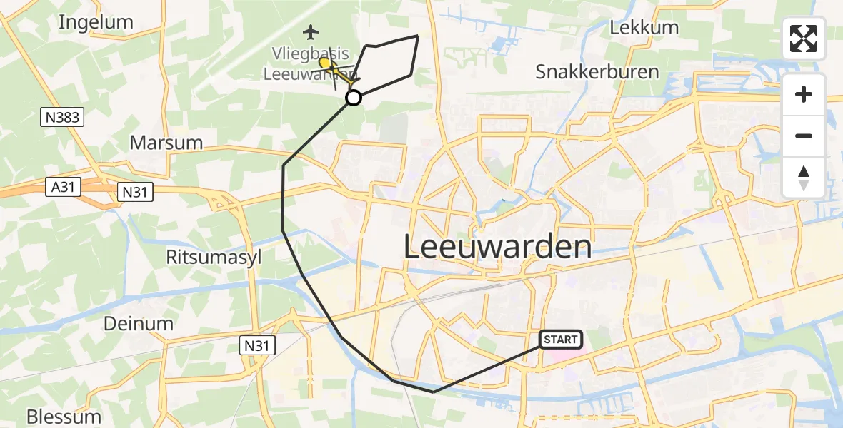 Vluchtroute Ambulancehelikopter van Leeuwarden naar Vliegbasis Leeuwarden