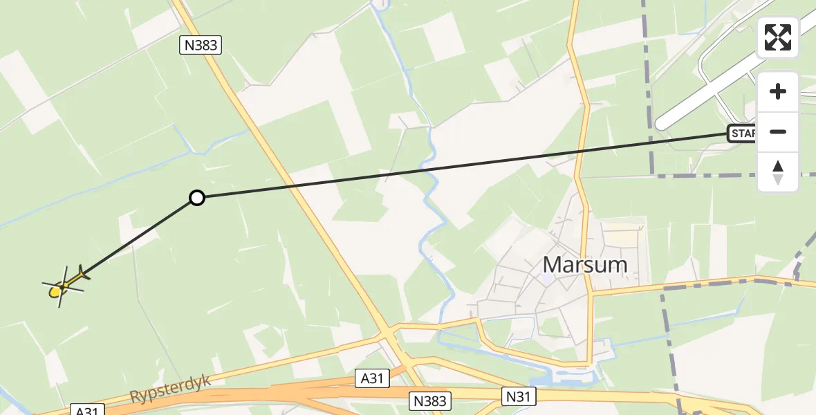 Vluchtroute Ambulancehelikopter van Leeuwarden naar Marsum