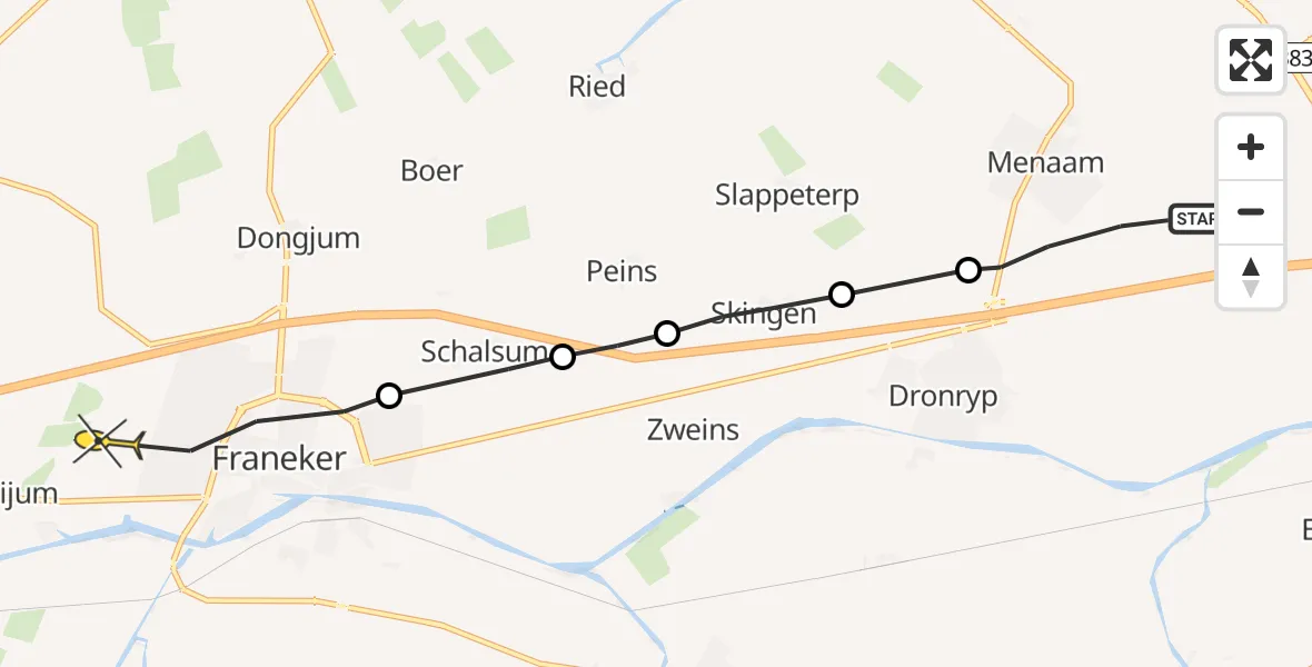 Routekaart van de vlucht: Ambulanceheli naar Franeker