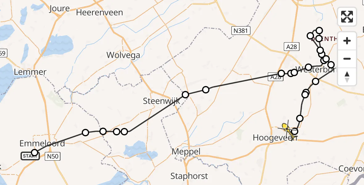 Routekaart van de vlucht: Politieheli naar Vliegveld Hoogeveen