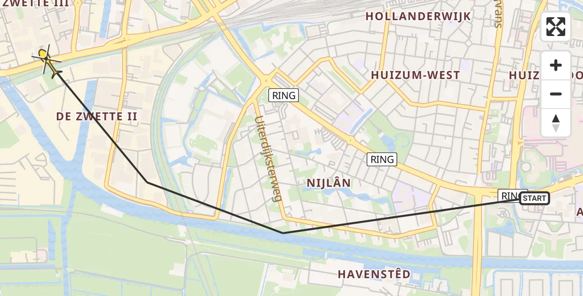 Routekaart van de vlucht: Ambulanceheli naar Leeuwarden