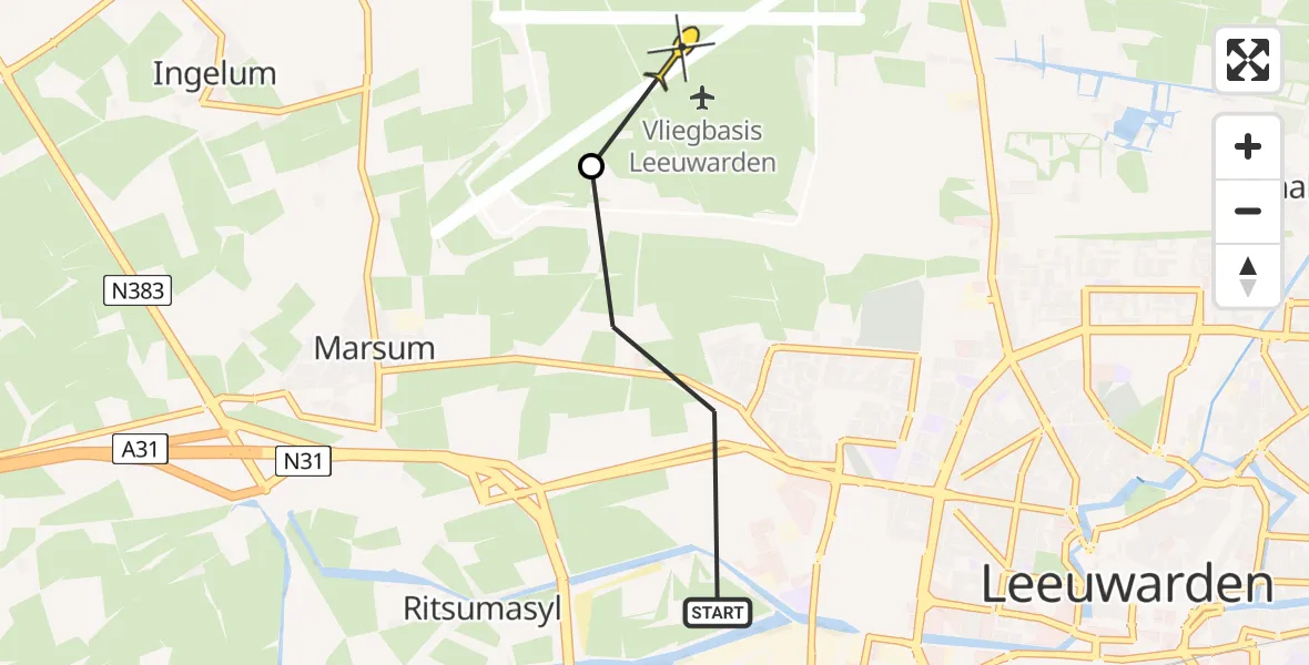 Vluchtroute Ambulancehelikopter van Leeuwarden naar Vliegbasis Leeuwarden