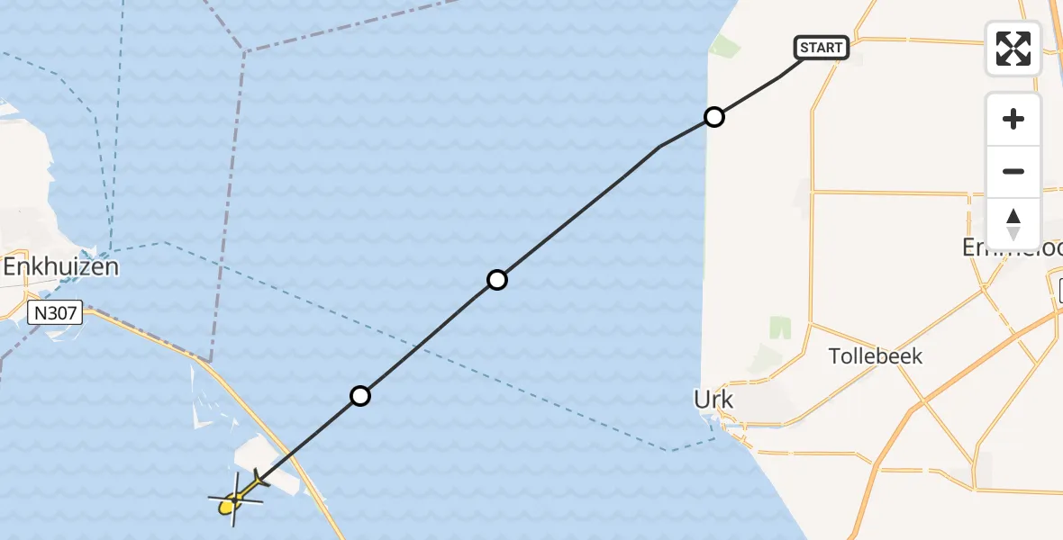 Routekaart van de vlucht: Politieheli naar Lelystad