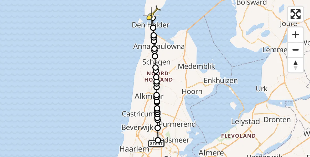 Routekaart van de vlucht: Lifeliner 1 naar Den Hoorn