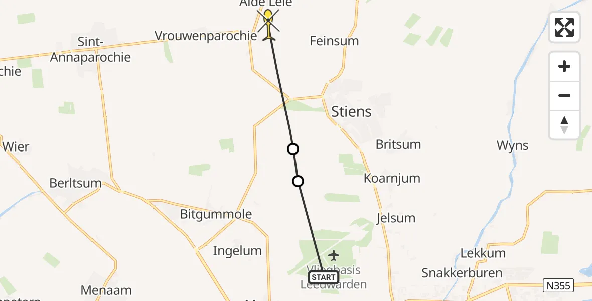 Routekaart van de vlucht: Ambulancehelikopter naar Alde Leie