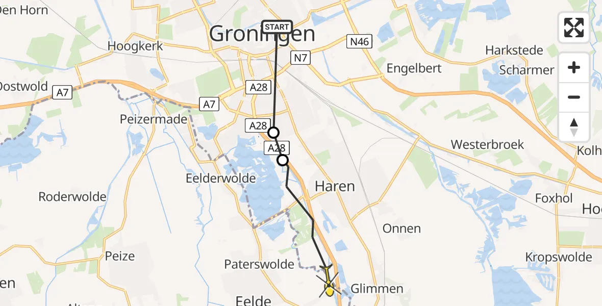Routekaart van de vlucht: Ambulancehelikopter naar Eelde