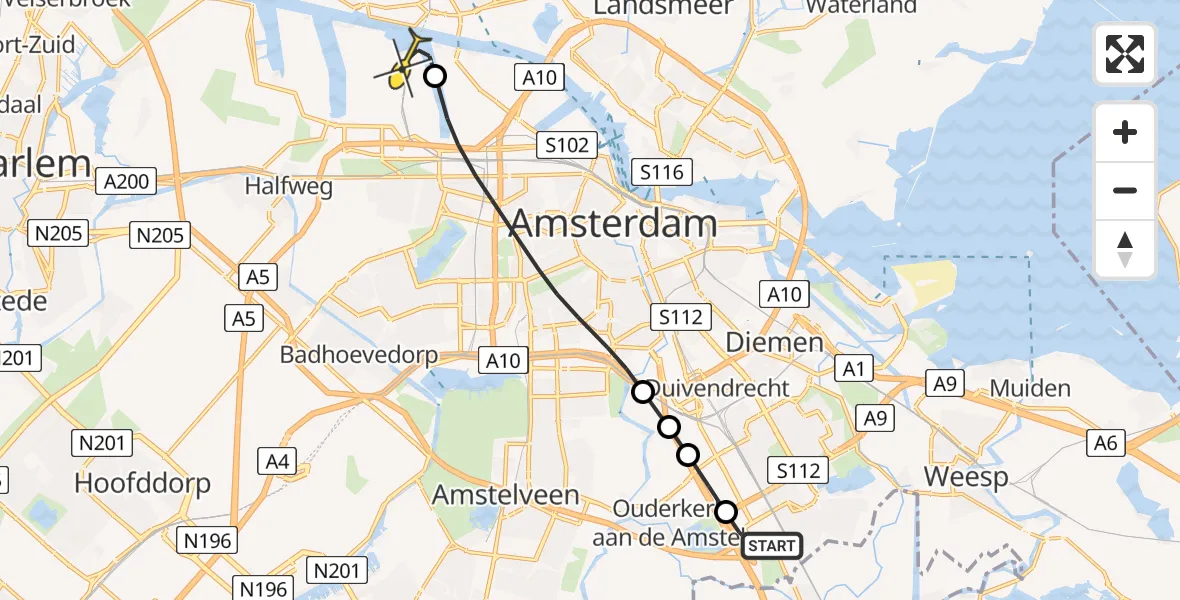 Routekaart van de vlucht: Lifeliner 1 naar Amsterdam Heliport