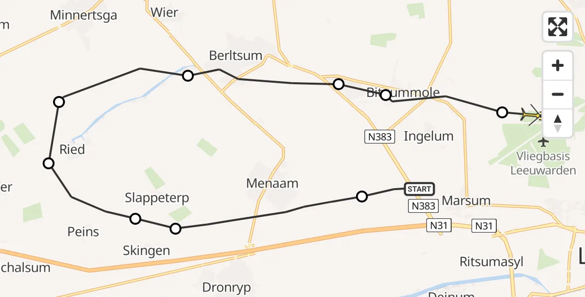 Vluchtroute Ambulancehelikopter van Marsum naar Vliegbasis Leeuwarden