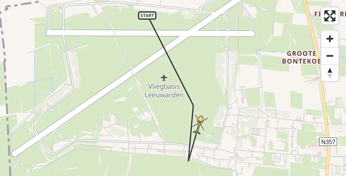 Vluchtroute Ambulancehelikopter van Vliegbasis Leeuwarden naar Vliegbasis Leeuwarden