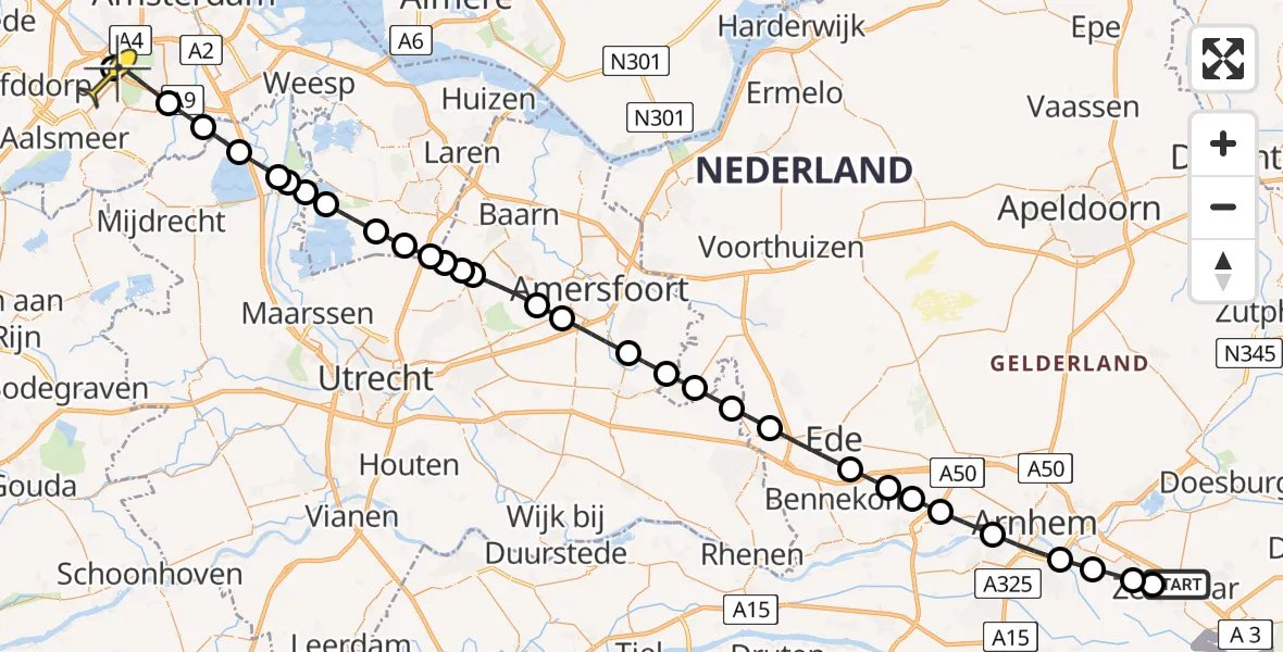 Routekaart van de vlucht: Politieheli naar Schiphol