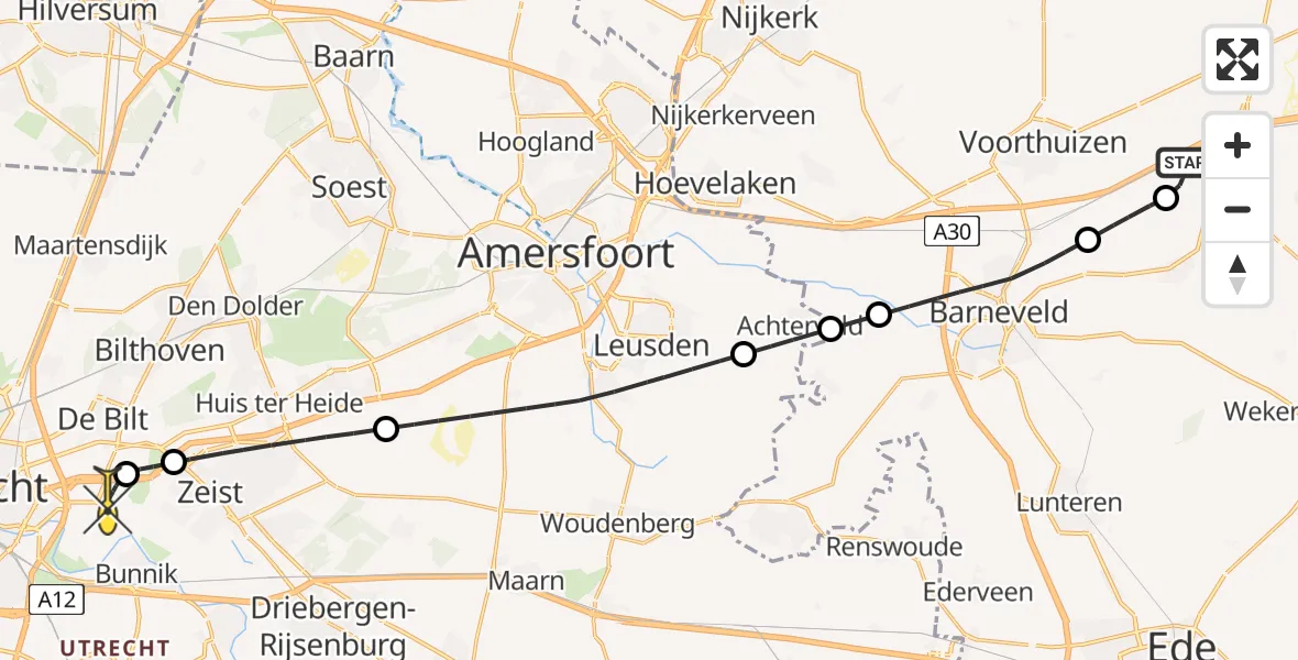 Routekaart van de vlucht: Lifeliner 1 naar Universitair Medisch Centrum Utrecht