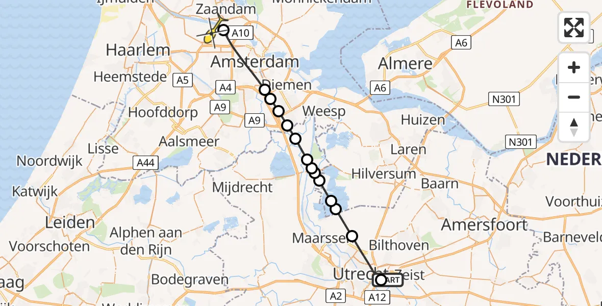 Routekaart van de vlucht: Lifeliner 1 naar Amsterdam Heliport