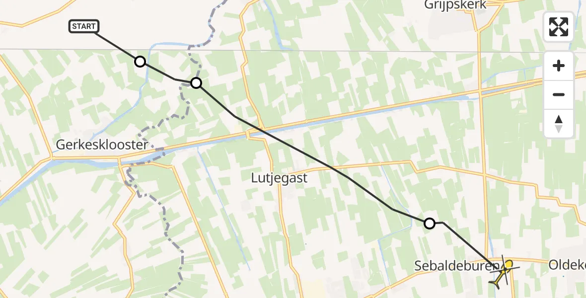 Routekaart van de vlucht: Ambulancehelikopter naar Oldekerk