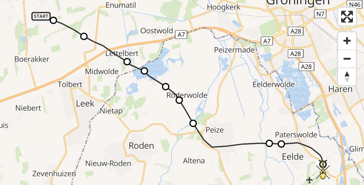 Routekaart van de vlucht: Ambulanceheli naar Groningen Airport Eelde