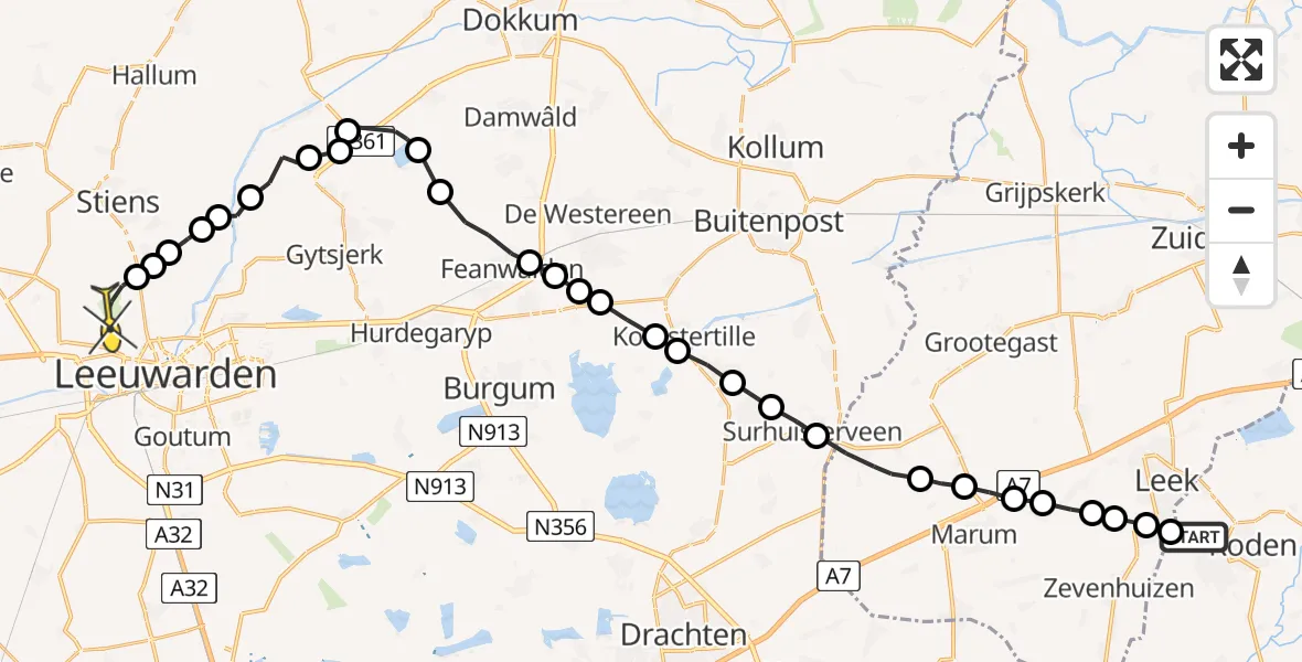 Routekaart van de vlucht: Ambulancehelikopter naar Vliegbasis Leeuwarden